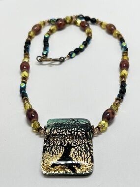 Artisan, Glass And Crystal Beaded Necklace, Dichroic Glass Willow Tree Pendant